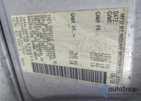 2016 Nissan Altima 2.5/2.5 S/2.5 Sl/2.5 Sr/2.5 Sv z USA, uszkodzony, nr VIN 1N4AL3AP3GN376655